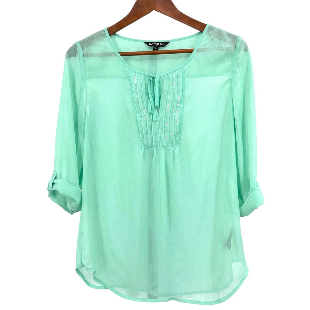 EXPRESS Sheer Tunic Blouse Mint Green Sequin Tie Front 3/4 Sleeves Women's Small